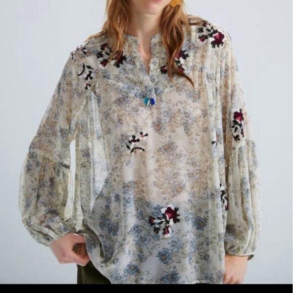 Zara Basic Cream Sheer Floral Blouse - Picture 1 of 7